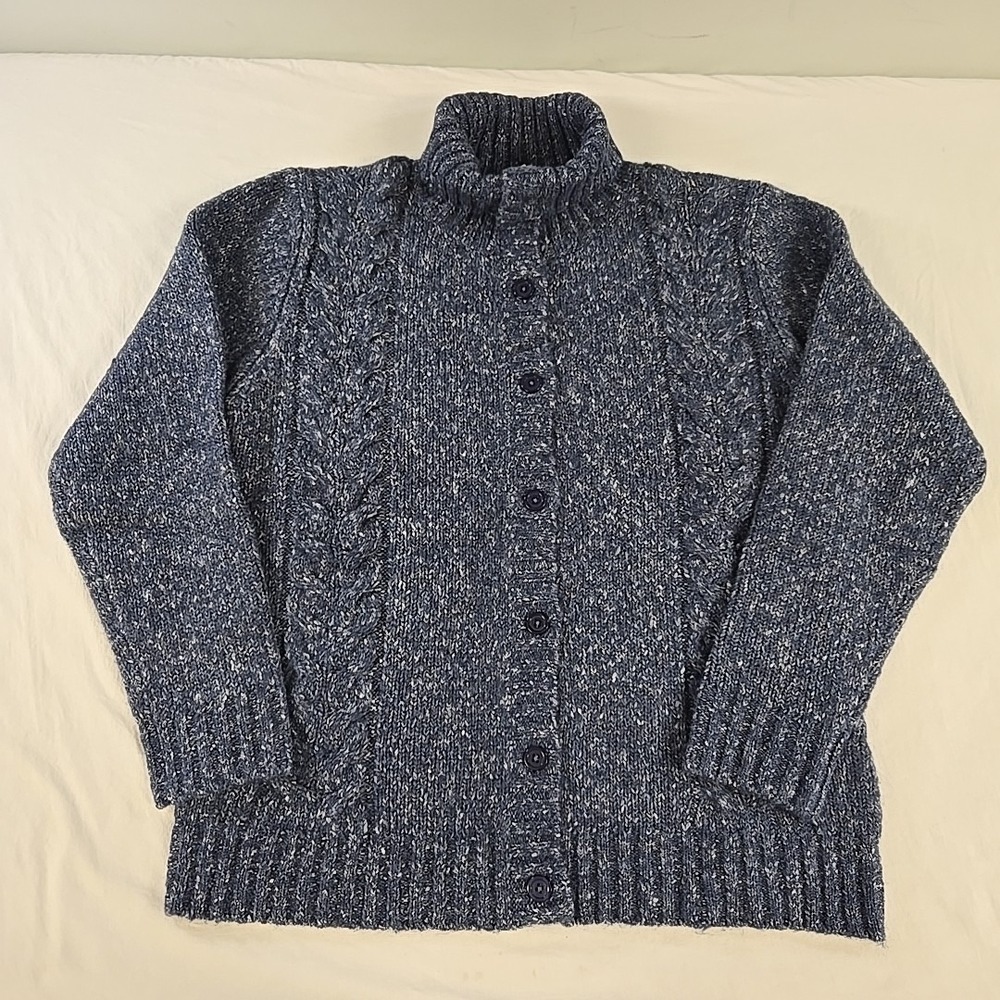 LL Bean Women's Blue Marled Cable Knit Cardigan Sweater Size XL Turtleneck